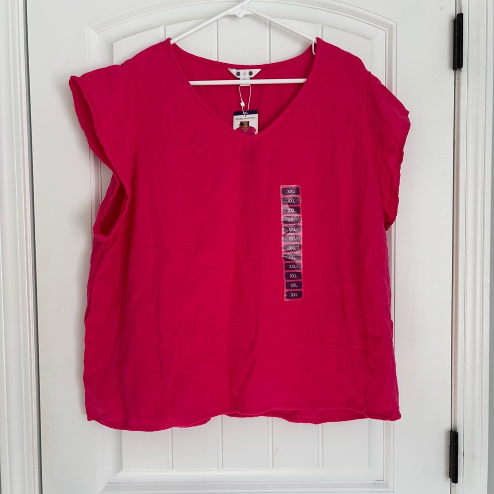 Three Dots Women's Vibrant Pink V-Neck Double Gauze Top Size XXL NWT